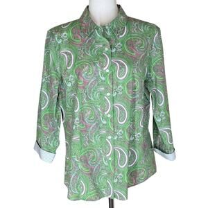 TALBOTS Haberdashery Sz 16 Green Pink Paisley Wrinkle Resistant 3/4 Sleeve Shirt
